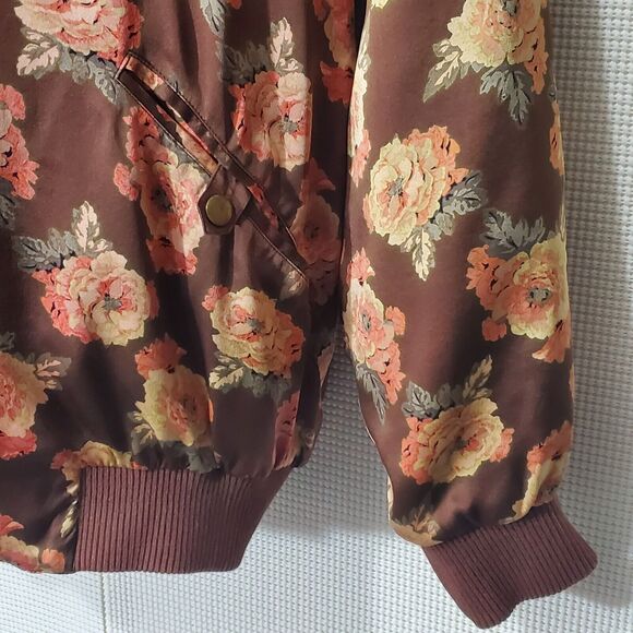 Saks Fifth Avenue Real Clothes Bomber Jacket Womens Large 100% Silk Brown Floral - Picture 4 of 11